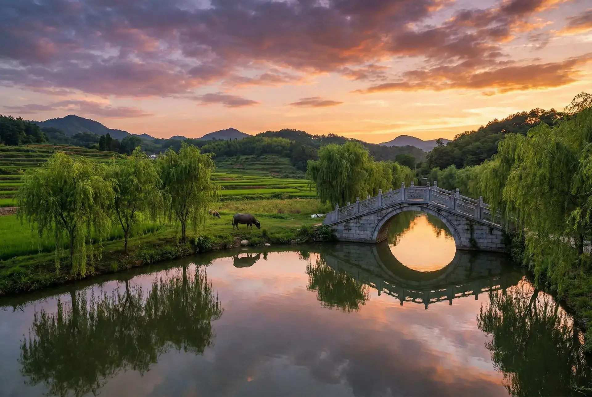 夕阳下的石拱桥与垂柳，水牛在河边吃草 - qq特效 乡村美景